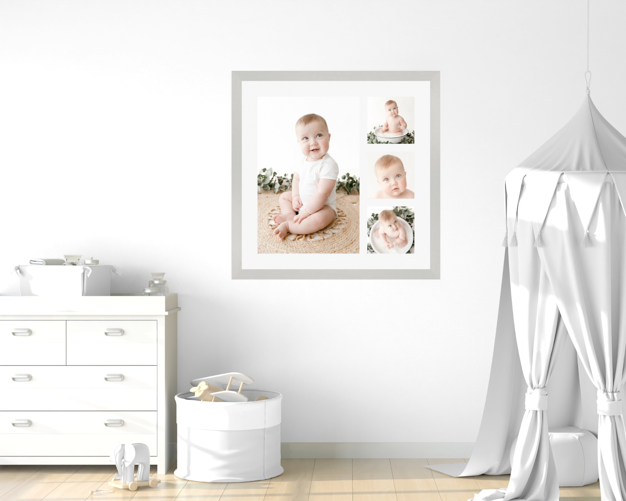 Wall art of photos showing older baby sitting at Colchester milk bath photography session.