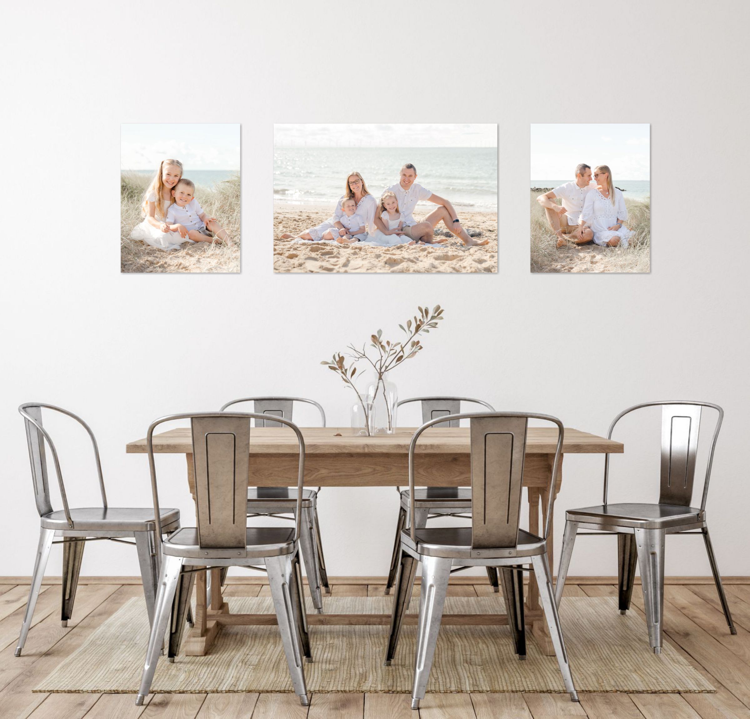family PHOTOSHOOT FROM COLCHESTER BEACH AS A set of 3 WALL ART IN dining room